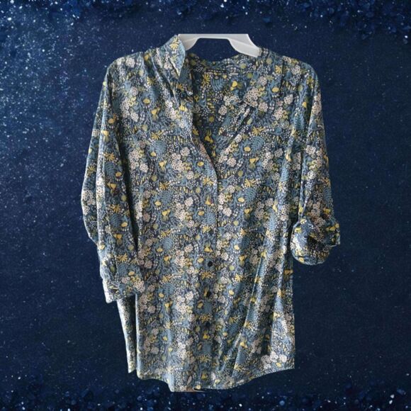 Blue Tan White FLORAL Top Size XL 16 - 18 Adjustable Sleeves - Picture 1 of 5